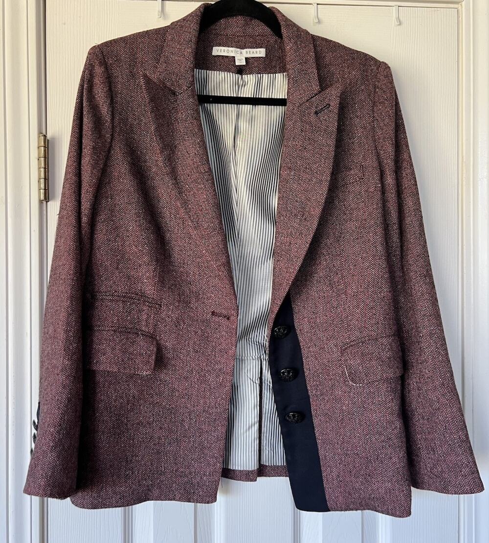 Veronica Beard Herringbone Dickey Jacket Size 10 Burgundy Wool Blend Medium